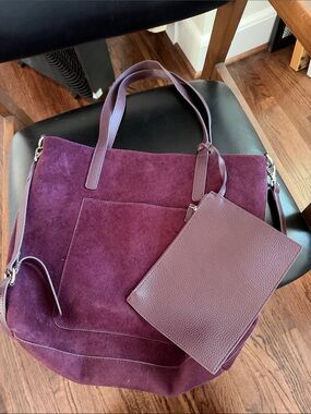 Plush Suede Tote with Removable Pouch - Deep Plum